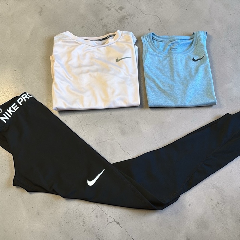 Nike Girls Black Leggings with Pink and Blue Tops